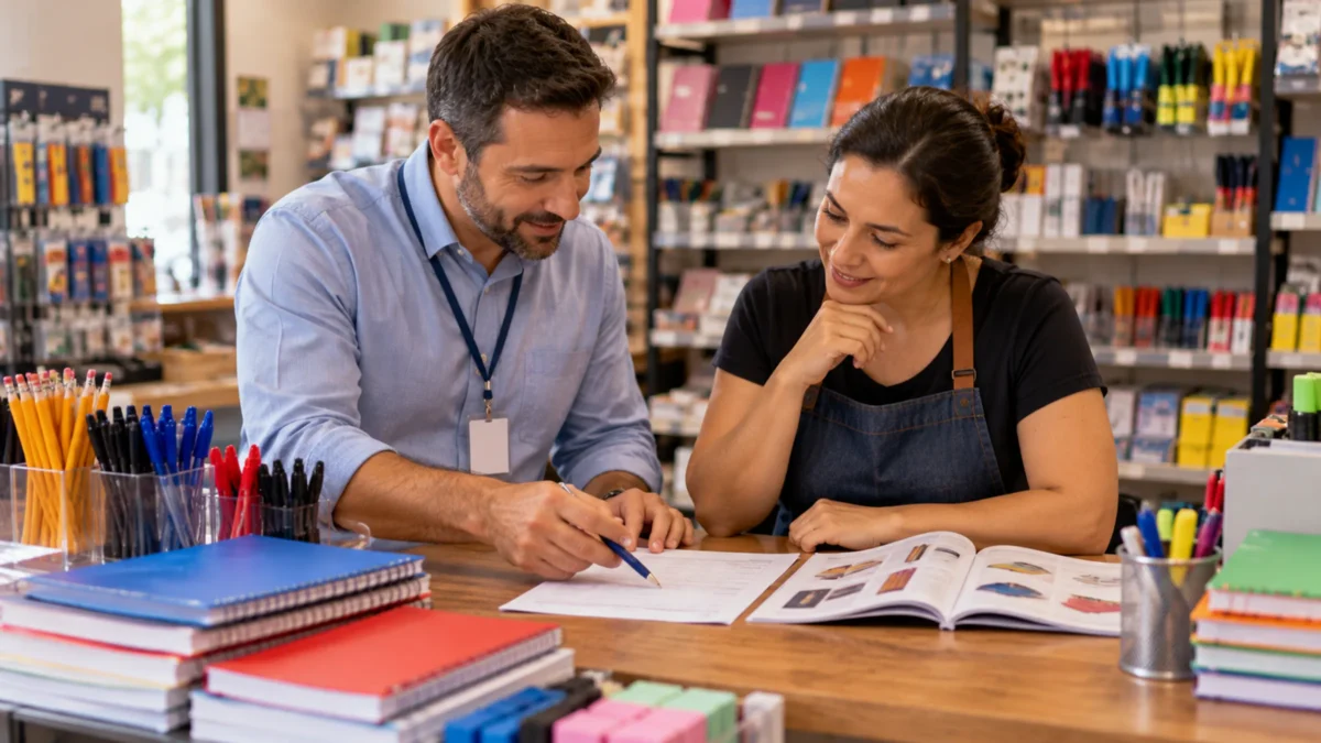 Representante comercial e lojista revisando um pedido no balcão da papelaria