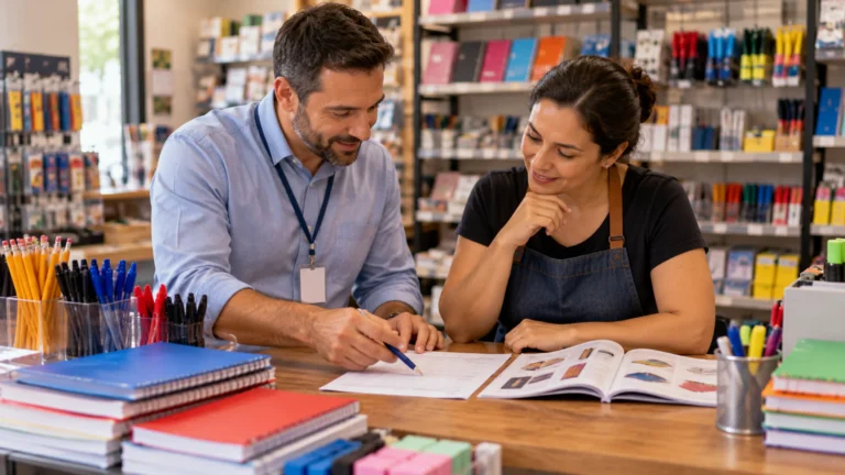 Representante comercial e lojista revisando um pedido no balcão da papelaria