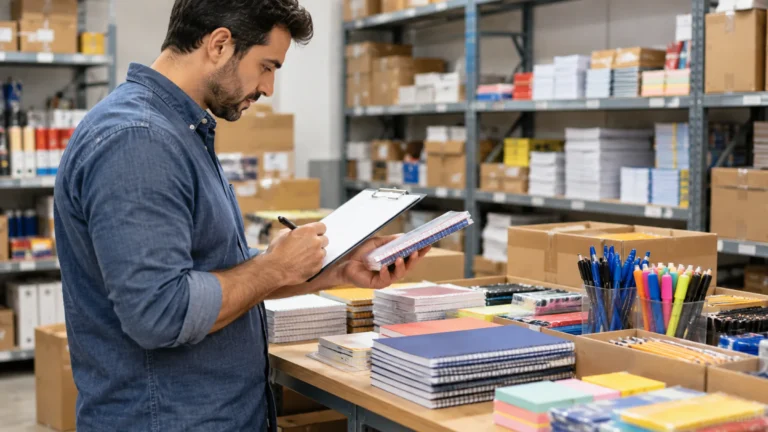 Lojista conferindo produtos de papelaria e informações de pedido no estoque