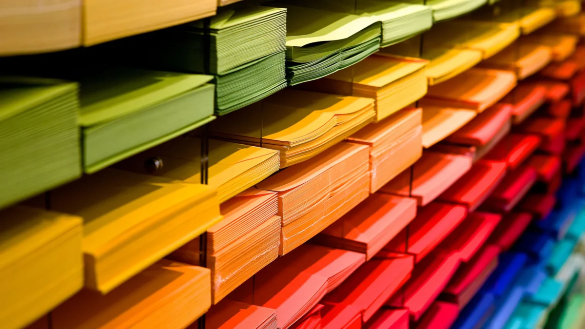 Produtos de papelaria organizados em prateleiras para planejamento da Volta às Aulas